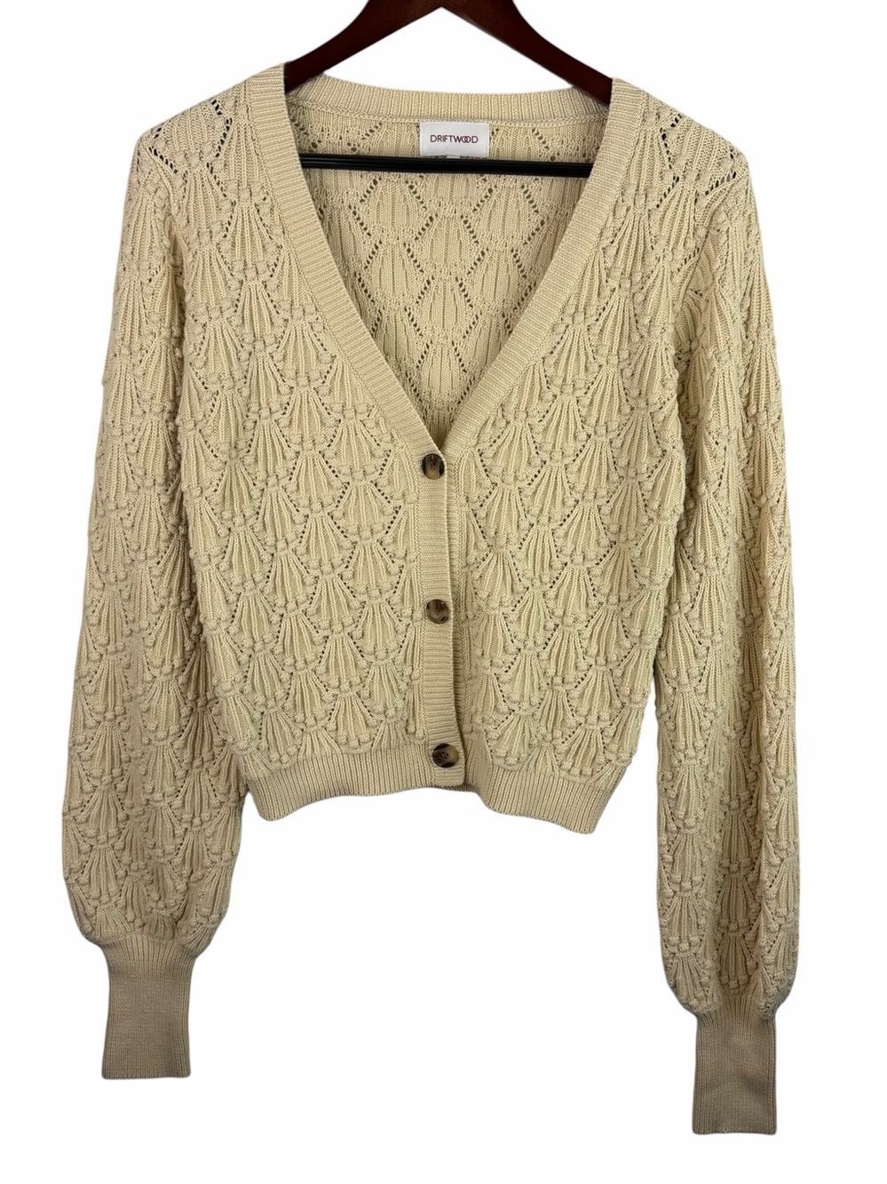 Driftwood | Cream Textured Crop Button Puff Long Sleeve Cardigan Sweater